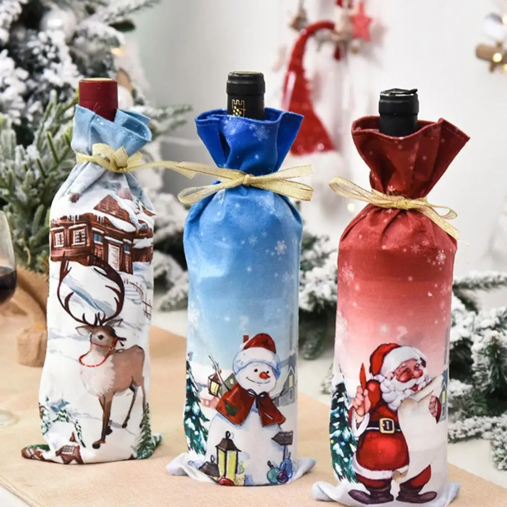 Wine Bottle Cover Christmas Santa Snowman Elk Drawstring Candy Bag Party Decor