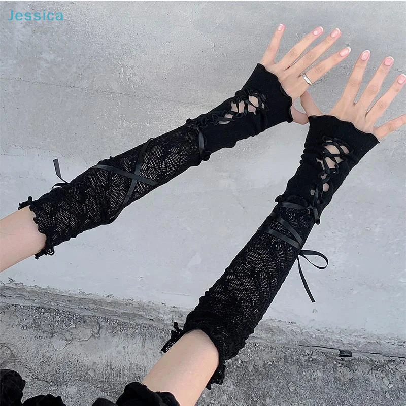 ♥Black Lace Arm Warmers with Lace-Up Detail - Gothic Lolita Fingerless Gloves for Cosplay, Party & Fashion Accessory