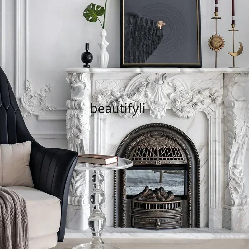 

Marble fireplace French light luxury carved porch cabinet jazz white stone fireplace
