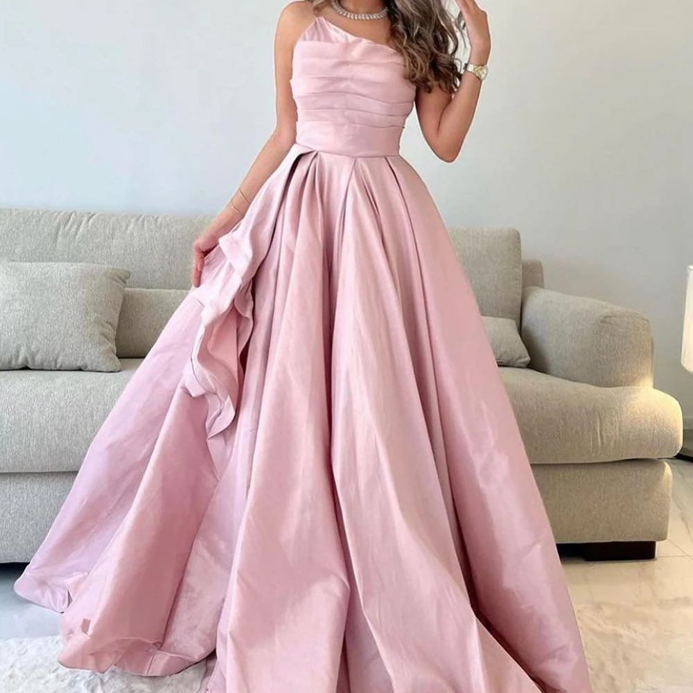 

Customized Exquisite Draped Strapless Floor Length A-Line Satin Evening Dress Classic Sweep Train Sleeveless Vestidos Para Mujer