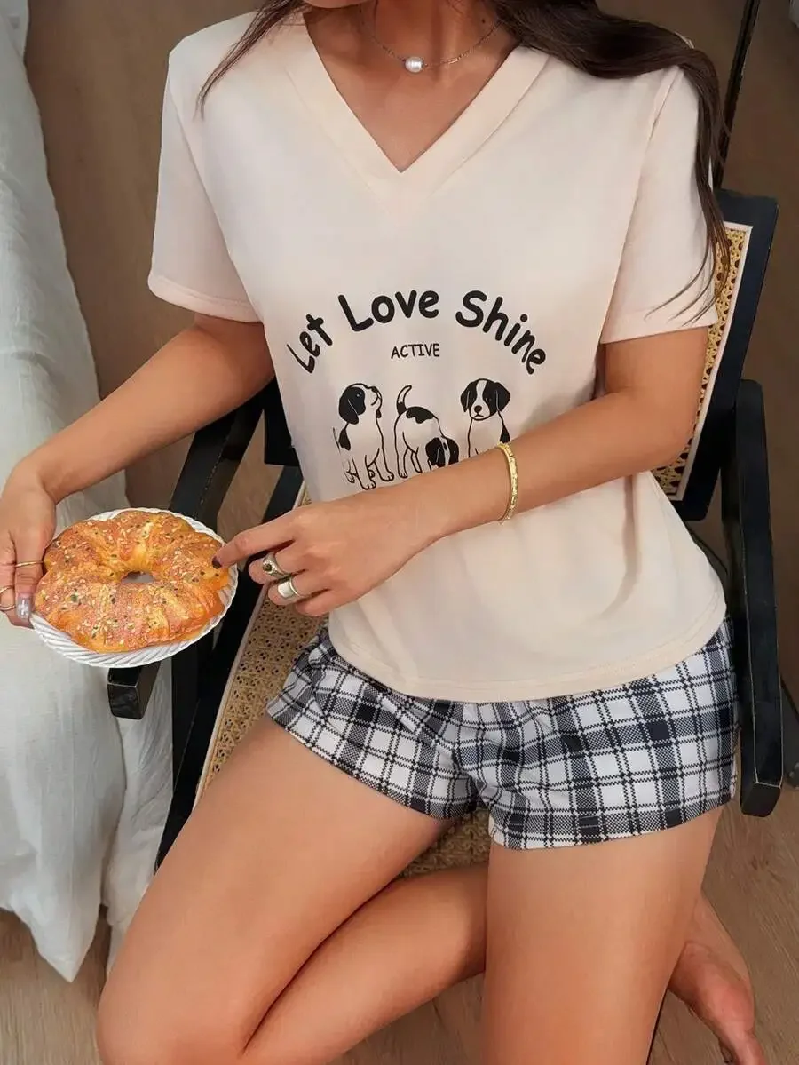 

Womens V-Neck Short Sleeve Plaid Print Pajama Set Cotton Silk Blend