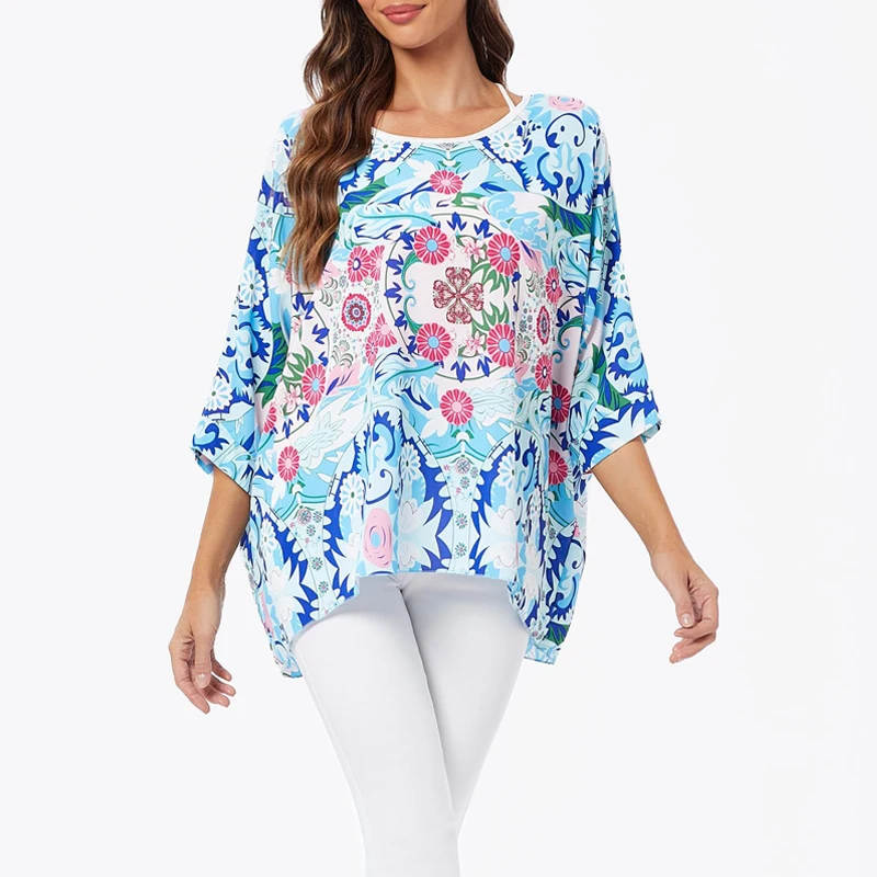 2023 New Round Neck Flower Print Top Bohemian Pullover Summer Loose Short Sleeve Plus Size T-shirt Fashion Shirt 4XL-6XL
