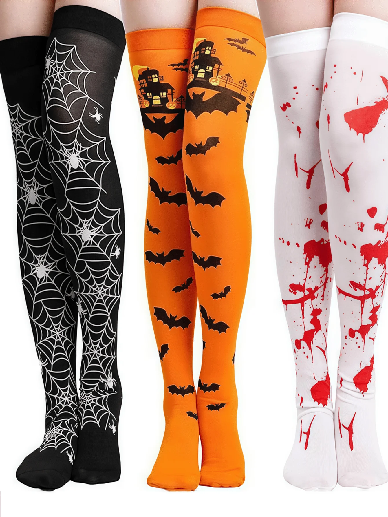 

Чулки до бедра на Хэллоуин с принтом паутины, летучей мыши и крови для женщин, идеально подходят для вечеринок и косплея