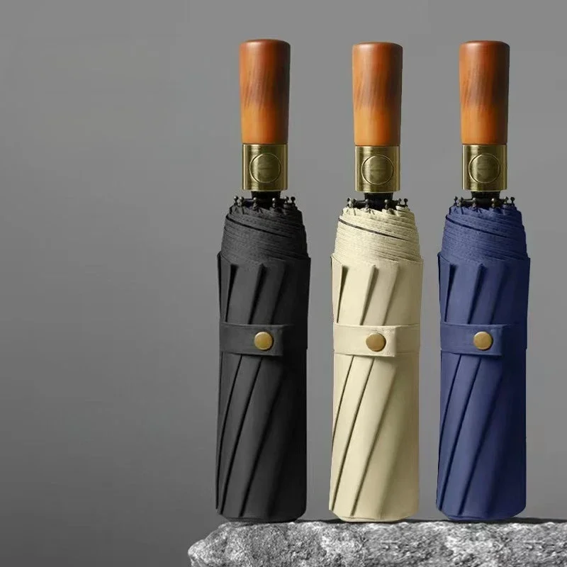 

Винтажный деревянный автоматический зонт для мужчин, однотонный портативный ветрозащитный складной зонт с автоматическим открытием и закрыванием