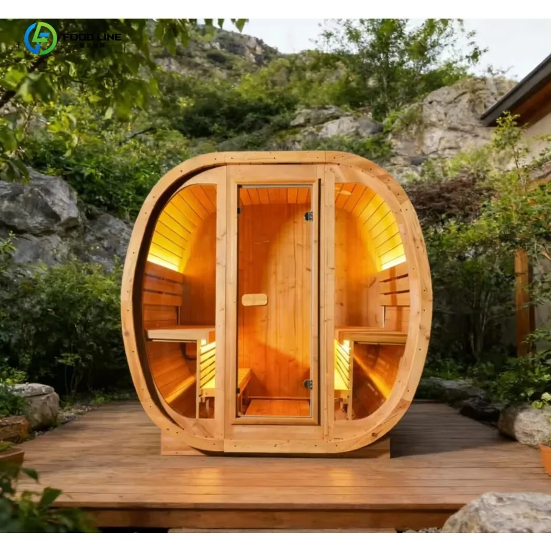 Outdoor Oval Solid Wood Sauna All Weather Insulated Structure 1