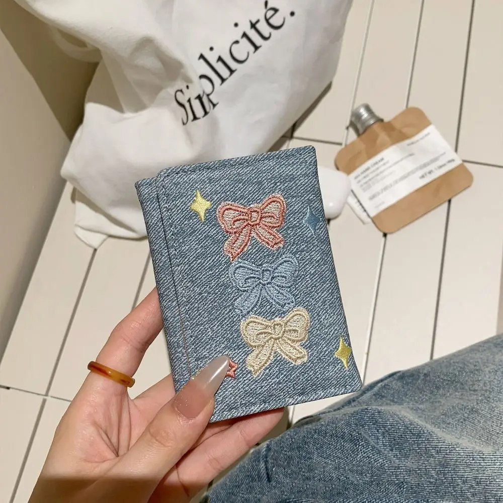 Portable Embroidered Bow Wallet PU Leather Embroidery Leather Card Holder Fashion Multiple Card Denim Coin Purse Dating