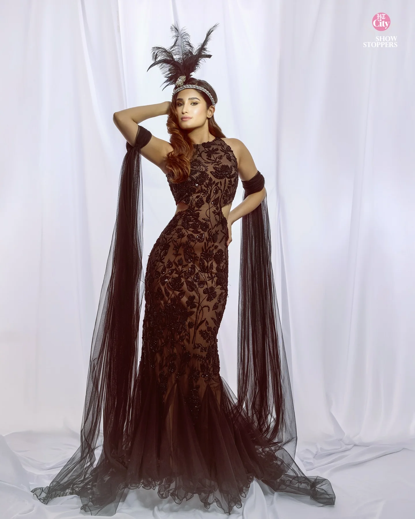 Elegant Black Evening Gown with High Neck & Long Mesh Sleeves – Embroidered Sequin Fish‑Tail Dress, Party & Wedding Dress, 2025