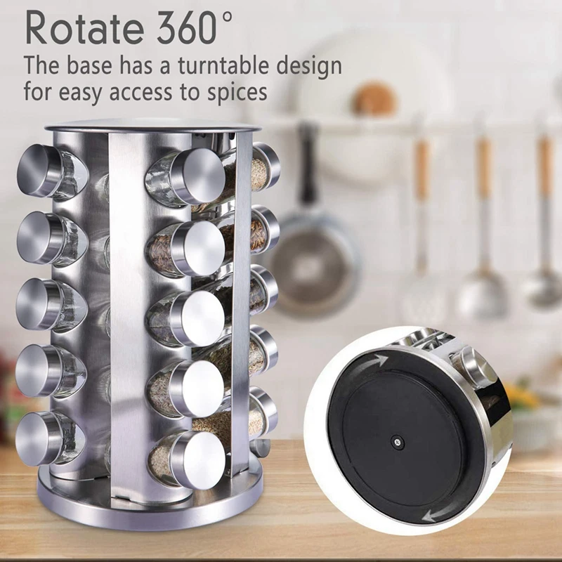 

20-Jar Revolving Countertop Spice Rack Organizer,Stainless Steel Free Standing Spices Rack Holder Spinning Countertop Durable