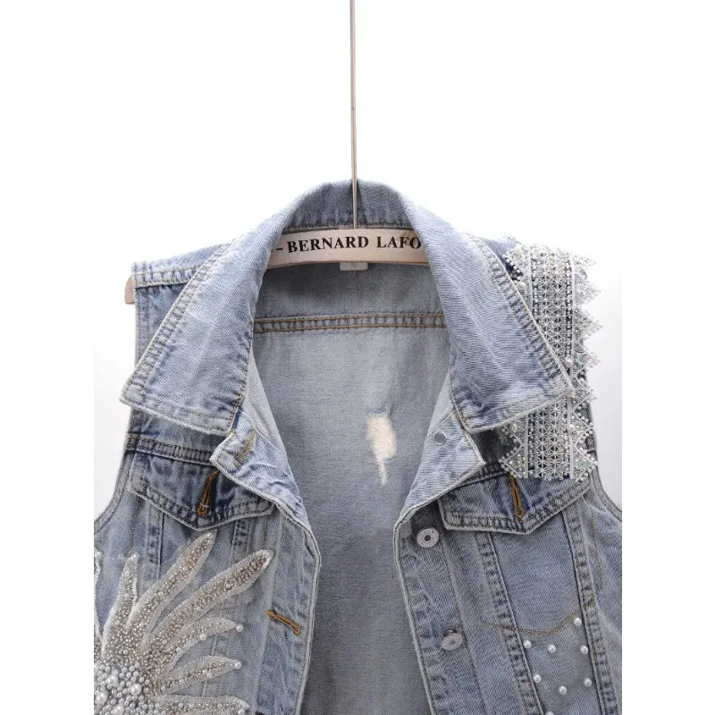 Women\'s Lace Beaded Denim Vest Denim Vest Fashion Cardigan Sleeveless Top 2024 New Summer Loose Oversized Cardigan Vests N06