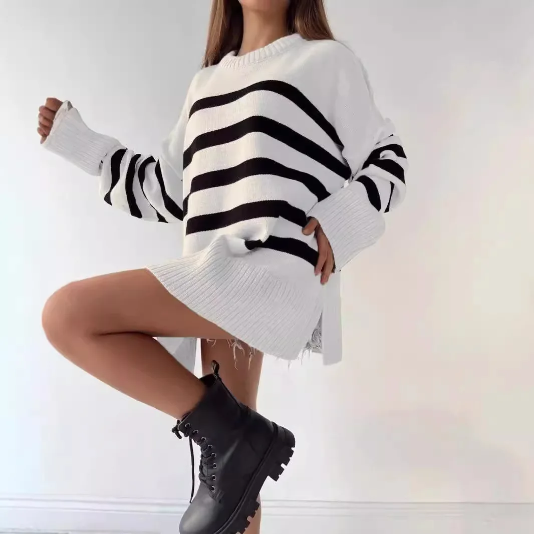 2025 Autumn Winter New Arrival! Women's Striped Loose Crew Neck Knit Sweater - Cross-Border Casual Pullover Outerwear