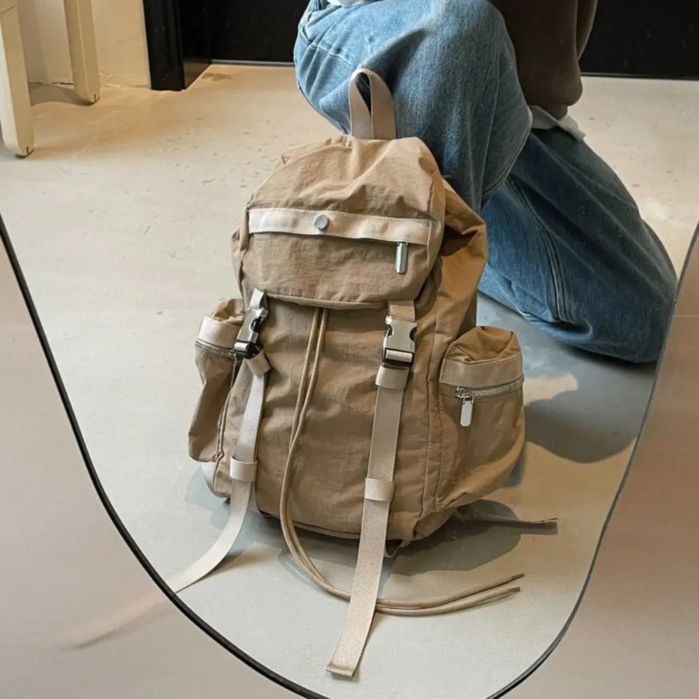 

Korean Style Outdoor Drawstring Backpack Solid Color Waterproof Travel Nylon Backpack Large Capacity Commute Hiking Shoulder Bag