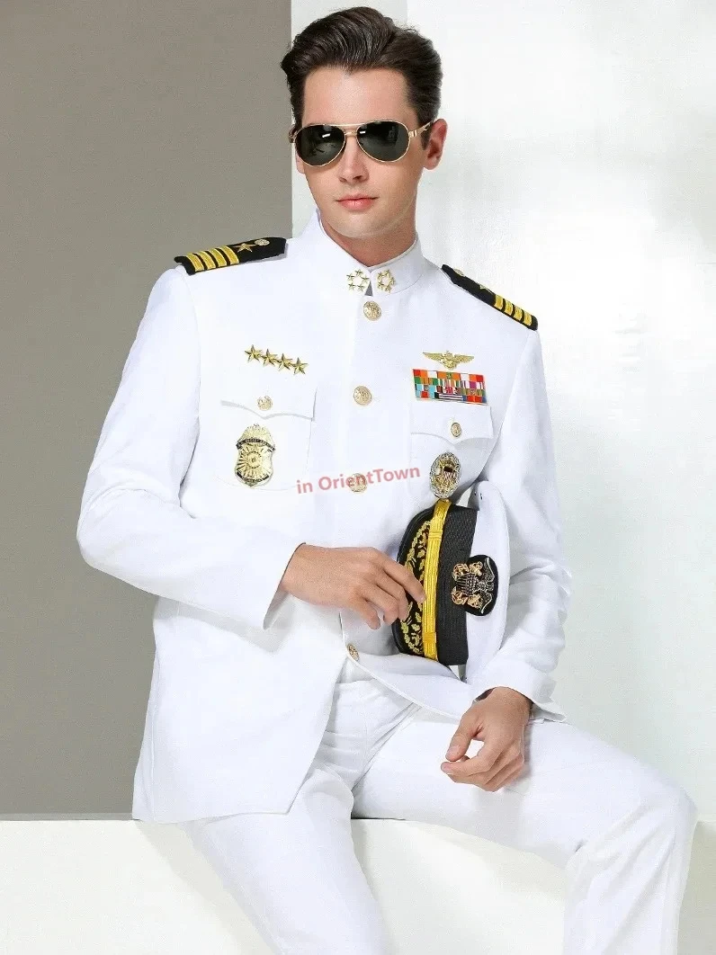 America White Sailor Uniform Set Men Wedding Annual Meeting Evening Hat Coat Pants and Accessories Navy Guard Security Work Wear