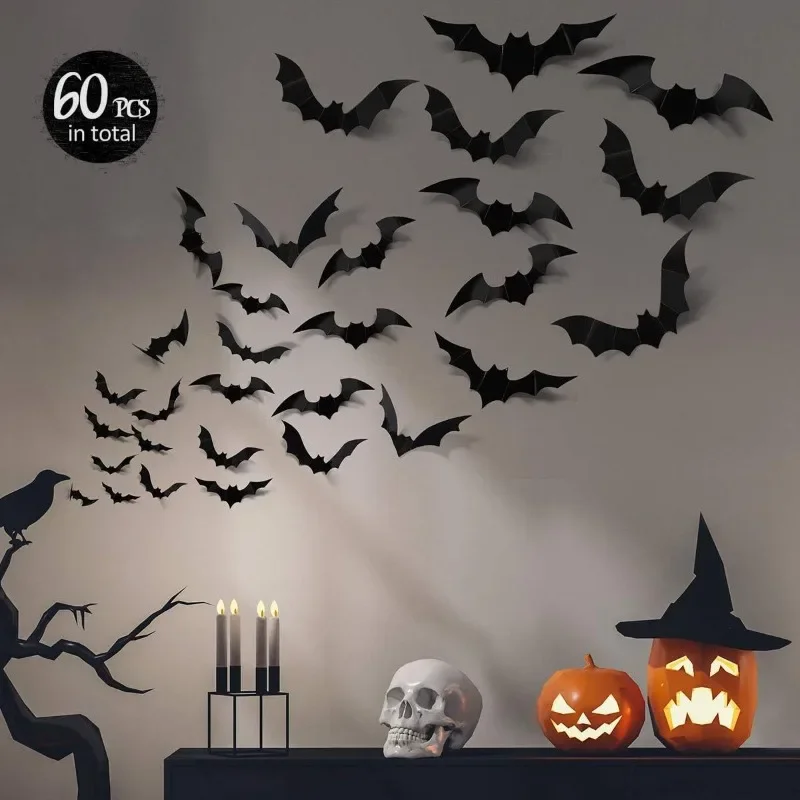 60PCS Halloween Black Bat Sticker 3D Bat Halloween Decoration Scene Layout Wall Stickers Party Scene Decoration Wall Stickers