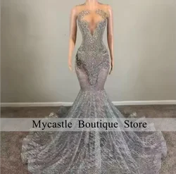 Sliver Beaded Long Prom Dress For Black Girl 2026 Sparkly Crystals Rhinestones Birthday Party Mermaid Evening Dresses Customized