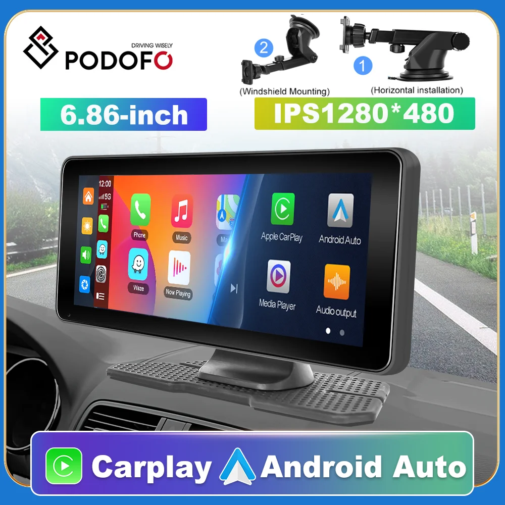 Podofo 6.86 inch Car Mirror Recording Wireless Carplay Android Auto Dash Cam GPS Navigation HD Screen Dashboard DVR AI Voice