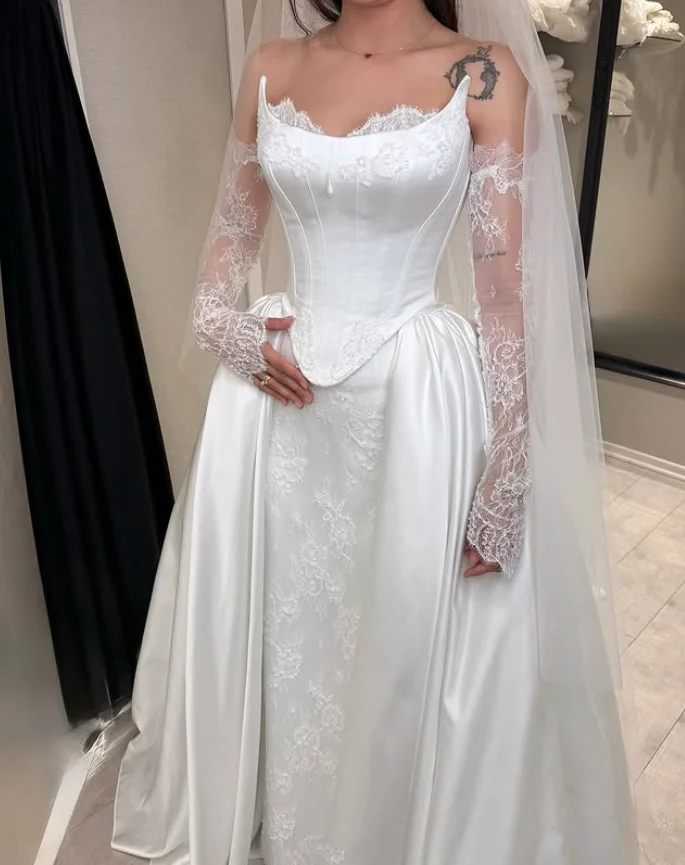 Садовые свадебные платья русалки со съемным шлейфом, кружевной корсет с пятнами, топ с длинными рукавами, пляжное свадебное платье, наряд на заказ