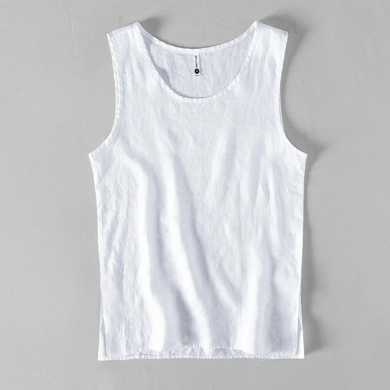 Casual Linen Solid Color Sleeveless Vest for Men's Summer Thin Loose Sleeveless Round Neck Sweater T-shirt for Men