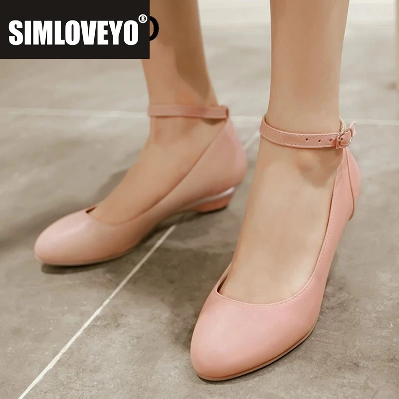 SIMLOVEYO Preppy Style Mary Jane Pumps Round Toe Low Heel 3.5cm Buckle Strap Extended Sizes 41 42 43