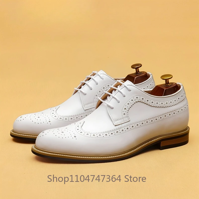 Hidden Inner Height Increase White Leather Shoes Men's Business Casual Dress Genuine Leather Brogue Carved Wedding Shoes Male