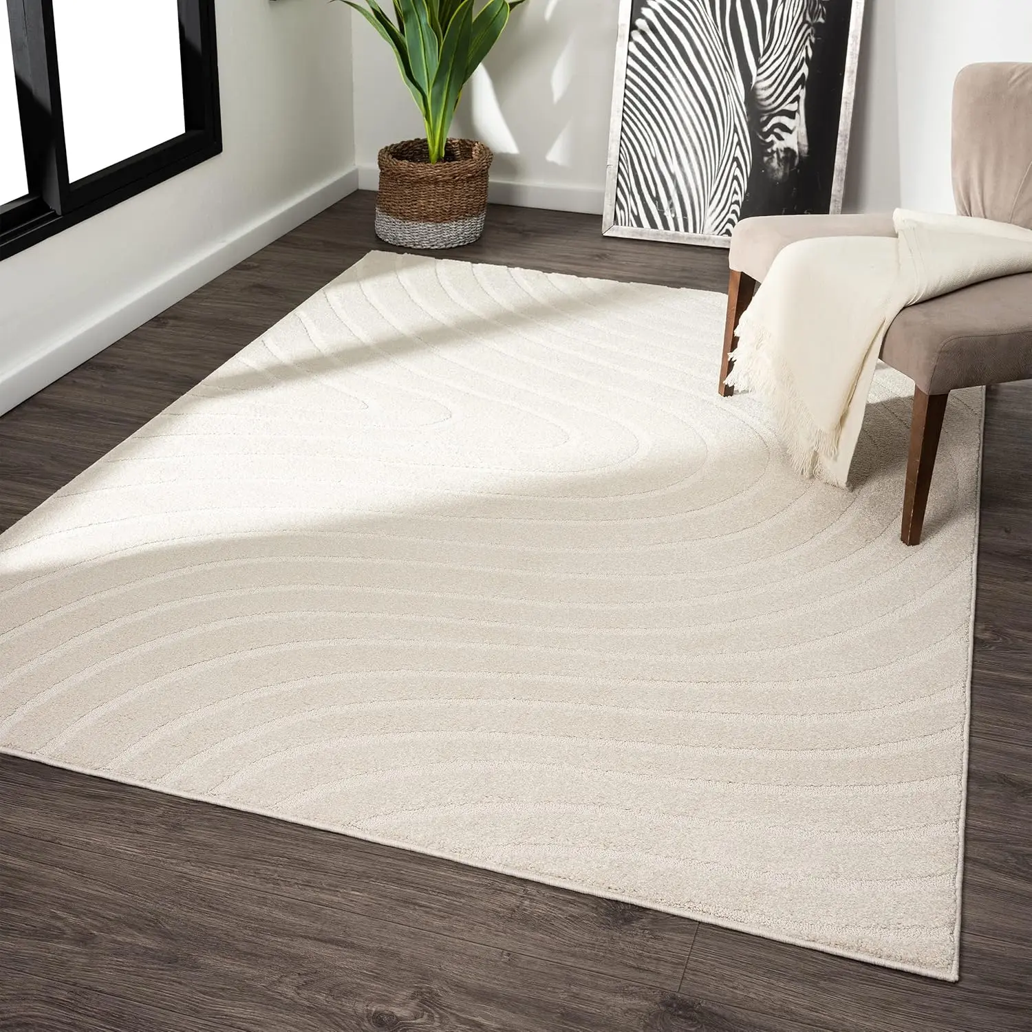 Modern Geometric Wave Cream 8x10 Area Rug， Half-inch thick area rug gives comfortable cushion and will not obstruct doors.