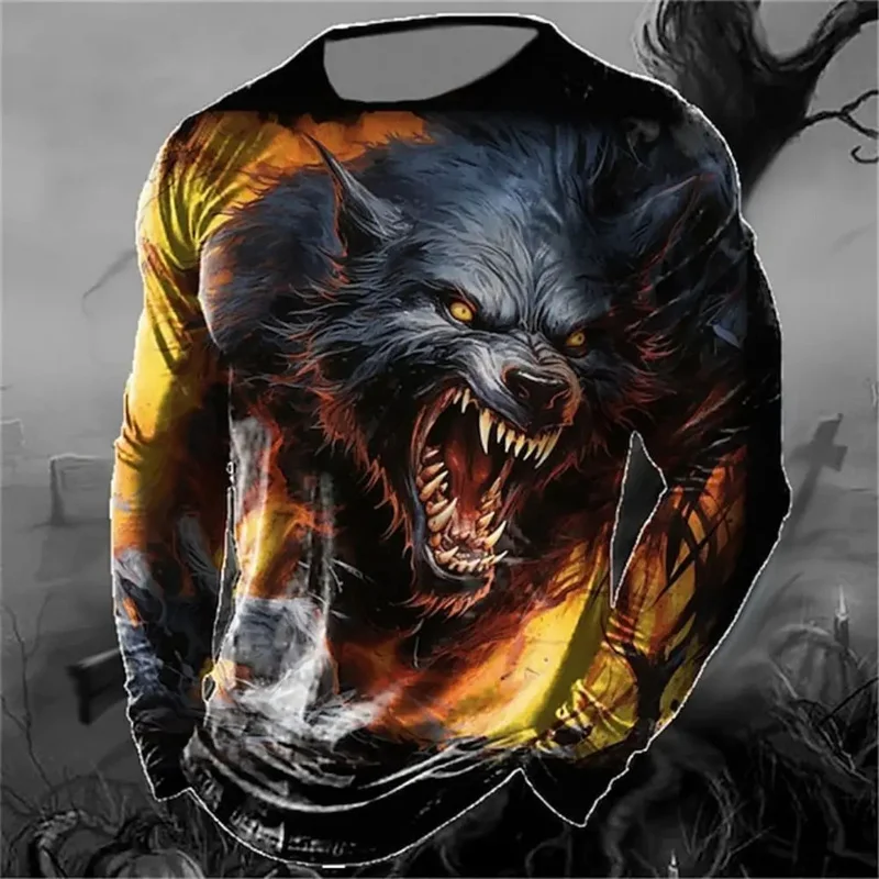 3D Printed Cool Animal T Shirt For Men Wolf Pattern Tees Spring Autumn Oversized T-Shirts Round Neck Tops Long Sleeve Streetwear