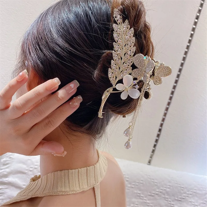 New Metal Advanced Hair Clips Temperament Grip Clip Hair Accessories Wheat Ears Butterfly Clip the Back of the Head Flowers TASS