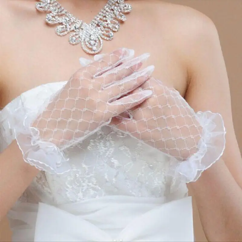 L5YA White Bridal Wedding Short Gloves Full Fingered Transparent Gauze Ruffle Lace Trim Wrist Length Party Mittens