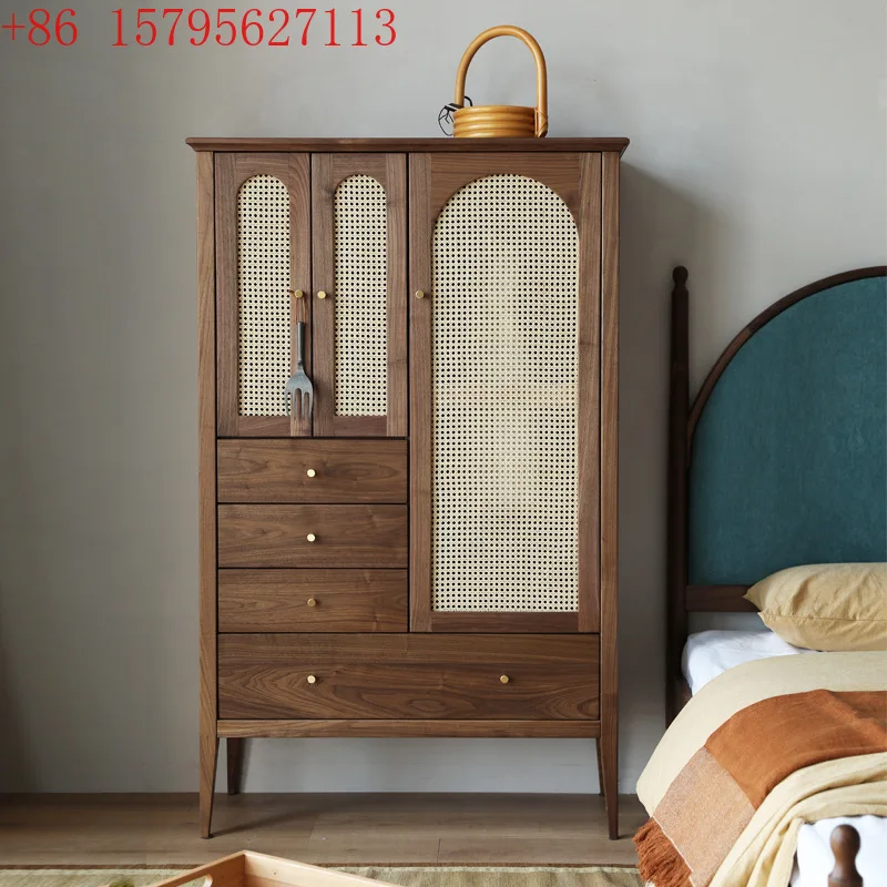 

Детский шкаф из цельного дерева, черный орех, ротанг, ретро шкафчик, журнал, простой шкаф для спальни, шкаф для хранения