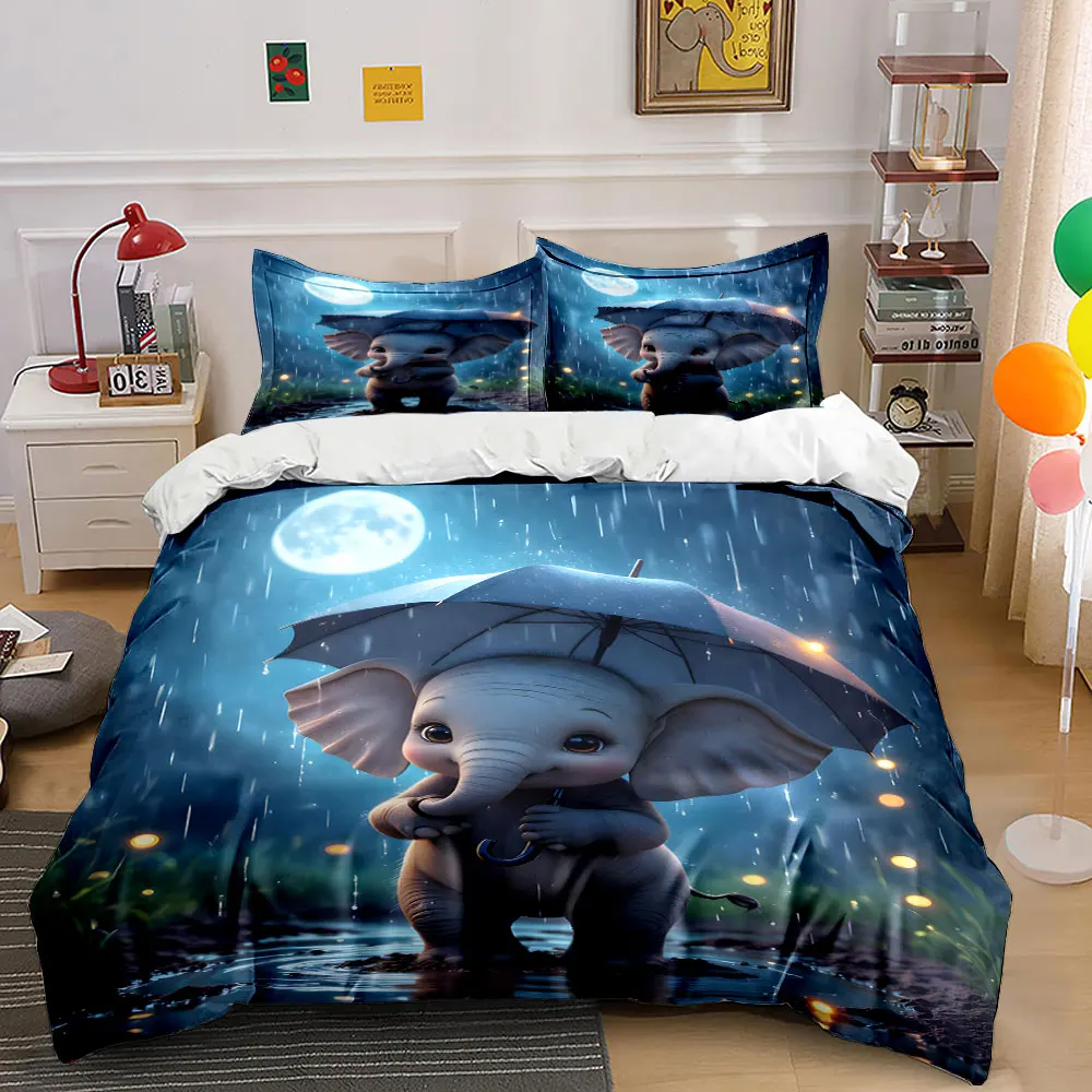 Baby elephant under umbrella in rain Print Bedding Set 1Duvet Cover 2 Pillowcases for Adult and Children Luxury Gift Full Size