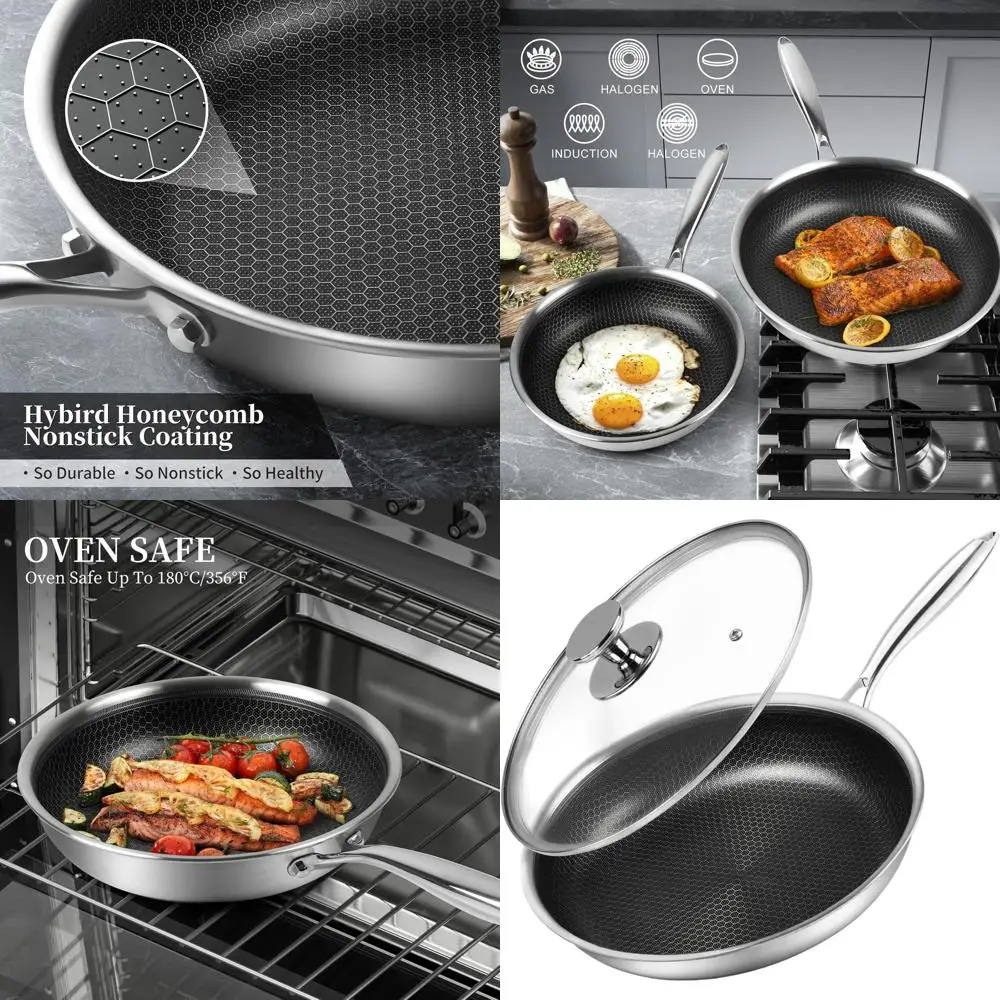 

12 Large Nonstick Tri-Ply Steel Pan with Lid, Honeycomb Coating for Healthy Cooking