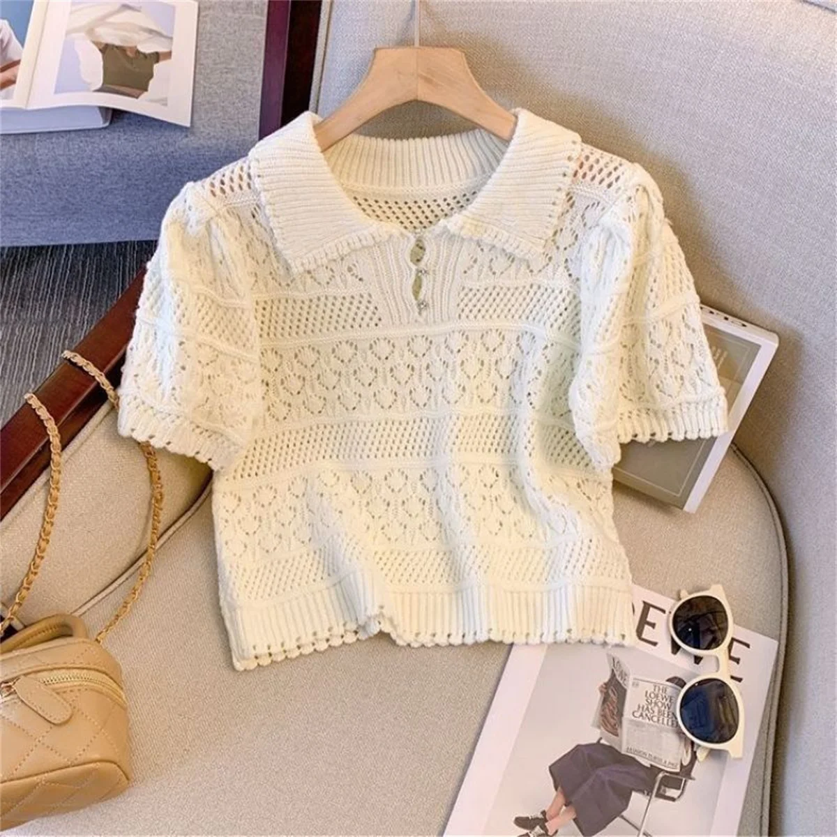 T-shirt Women Fashion Summer Knits Short Sleeve Crochet Hollow Casual