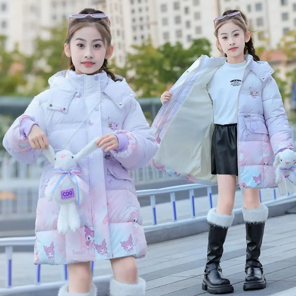 Sanrioed Kuromi My Melody Girls Thicken Cotton Padded Jacket Coat Cartoon Child Long Style Coat Winter Warm Cute Cotton Clothes