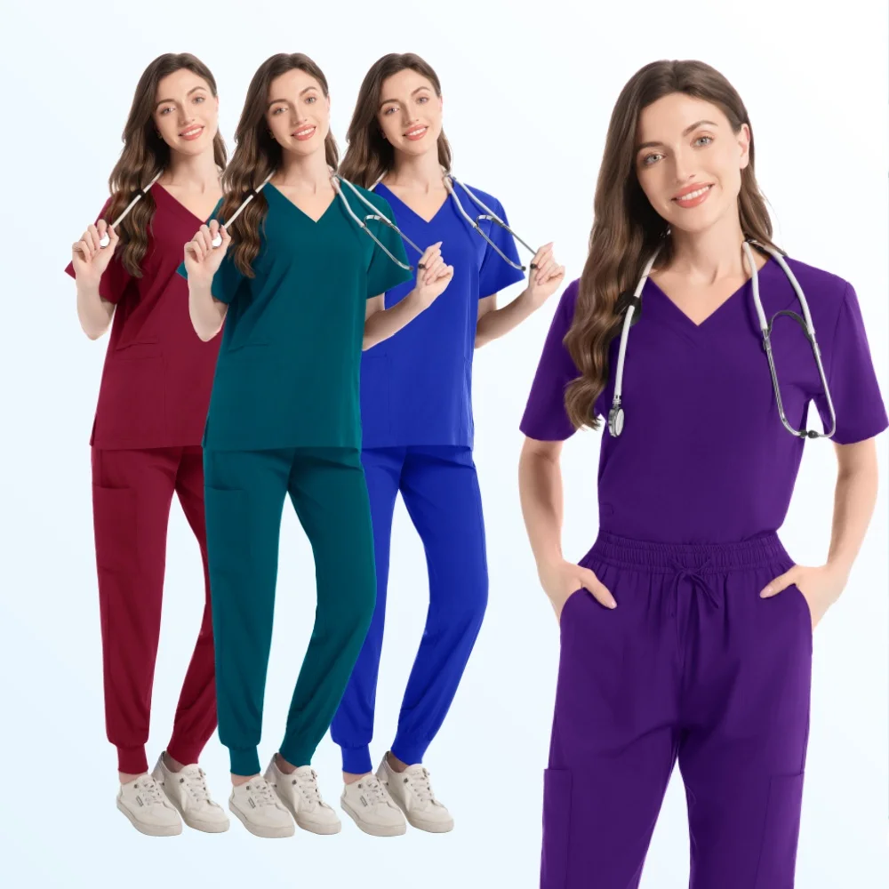 

Women's Nurse Uniforms Short Sleeves V-neck High Sweatshirt Pants Set Medical Rubbing Women Summer Casual Women's Uniforms
