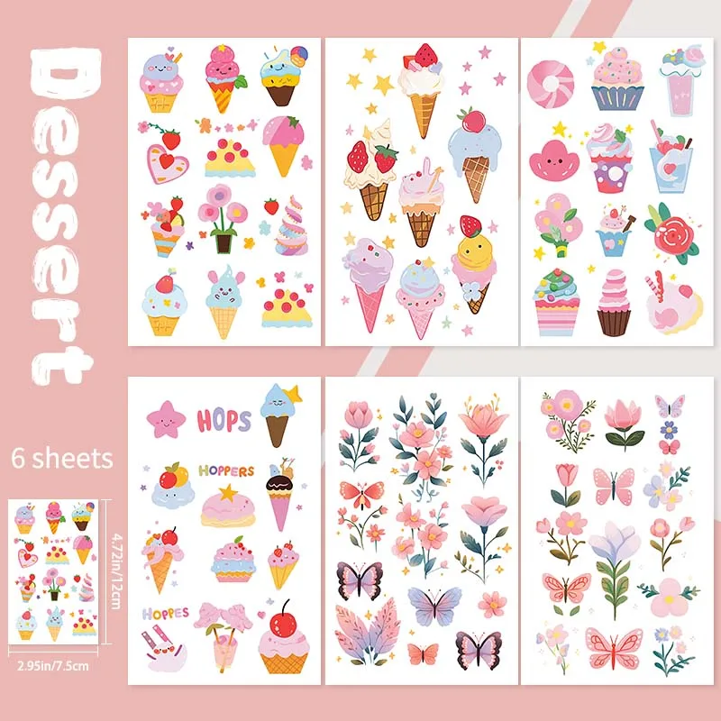 6Pcs Colorful Ice Cream Calf Wrist Long-Lasting Waterproof Simulated Non-Reflective Temporary Tattoo Stickers Fake Tattoos
