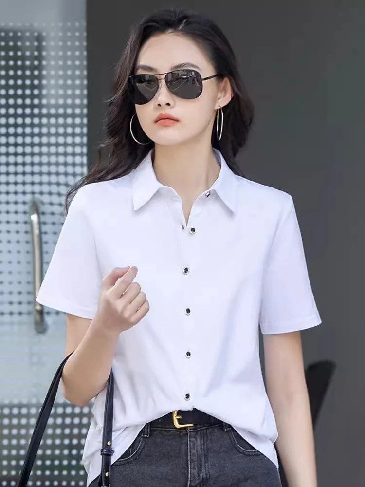New Women Summer Cotton T-shirt Fashion Polo Collar Single Breasted Short Sleeve Tees Tops Simplicity Casual Loose T-shirt