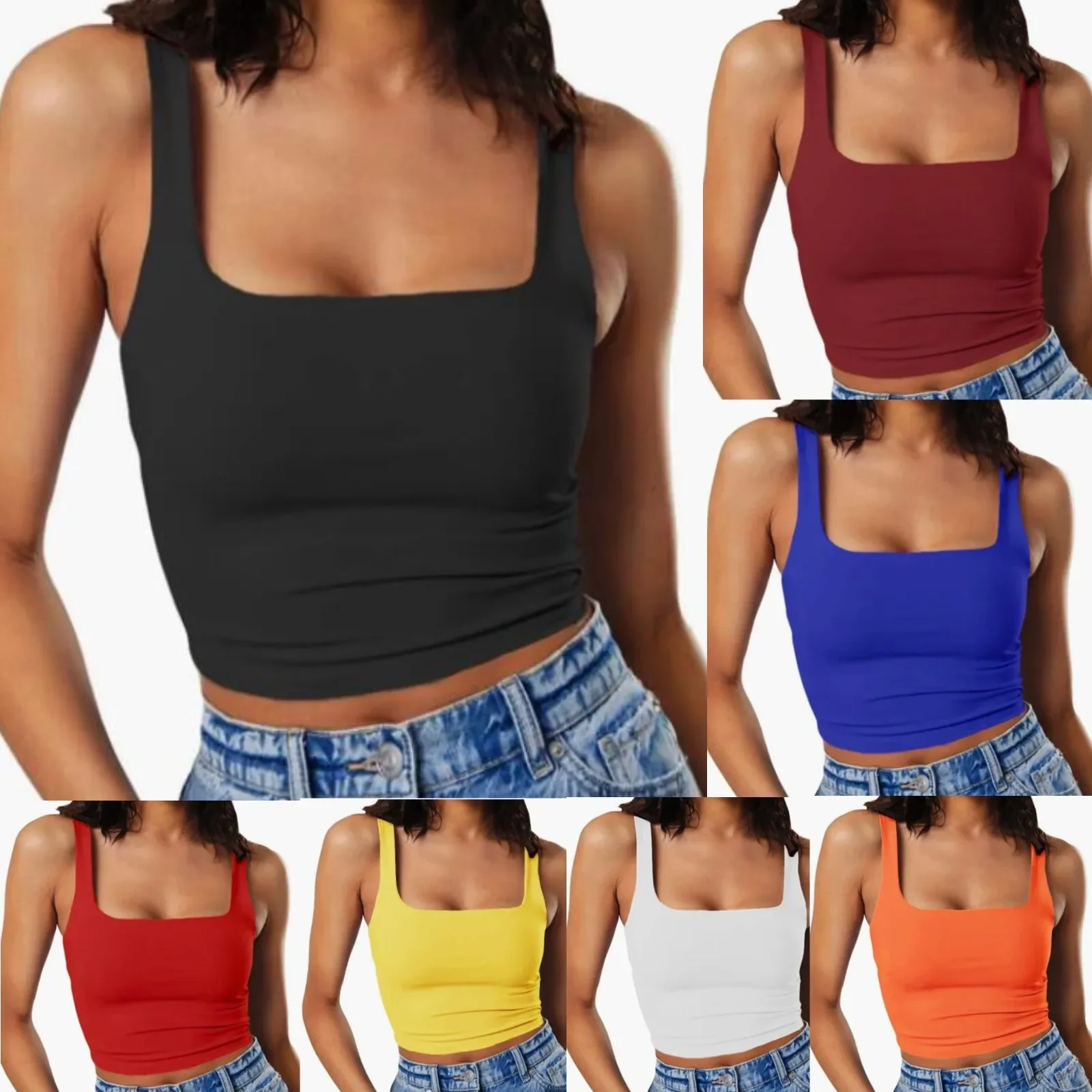 2023 Tops Women's Sleeveless Tees Summer Strappy Tank Square Neck Double Layer Workout Fitness Casual Basic Crop Tops