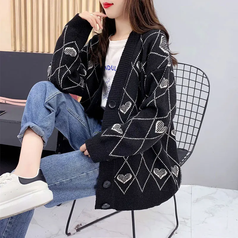 Koreański sweter rozpinany z dzianiny, luźny krój, damski, wiosenno-jesienny, cienki kardigan, długi, ciepły, wygodny krój, odzież wierzchnia.