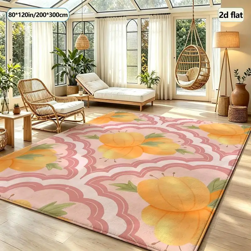 Soft Orange Floral Pink Geometric Pattern Frame Carpet Floor Mat for Home Living Room Bedroom Decoration