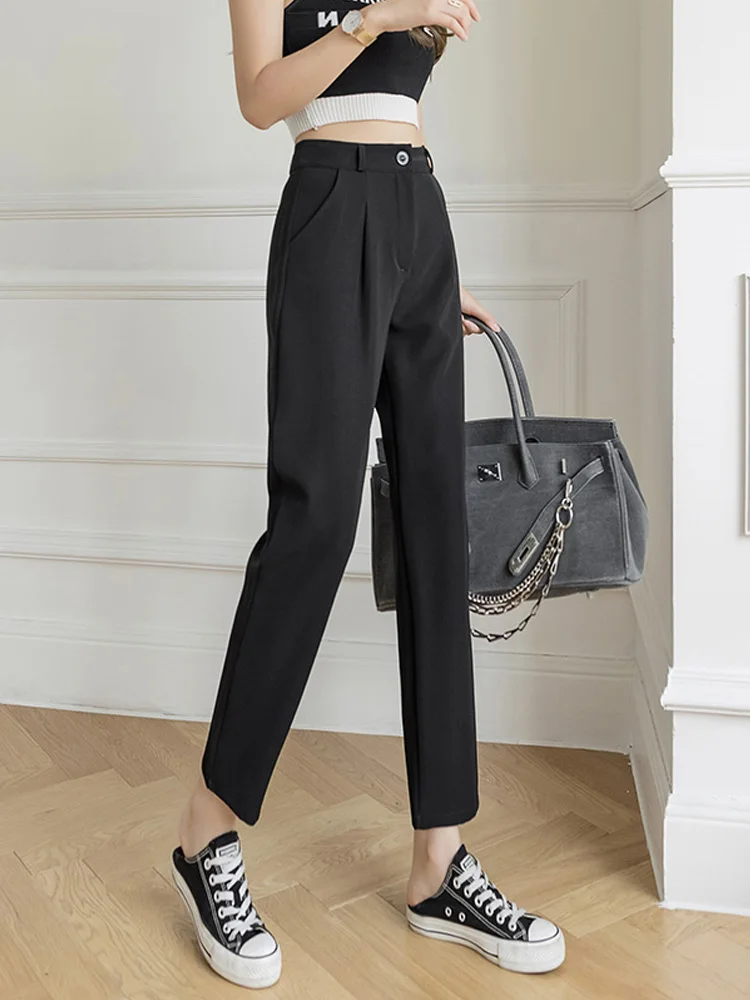 Damskie spodnie garniturowe z wysokim stanem, zwiewne, codzienne, wiosna-lato 2024, nowe, uniwersalne, wyszczuplające, o długości 7/8, proste, modne.