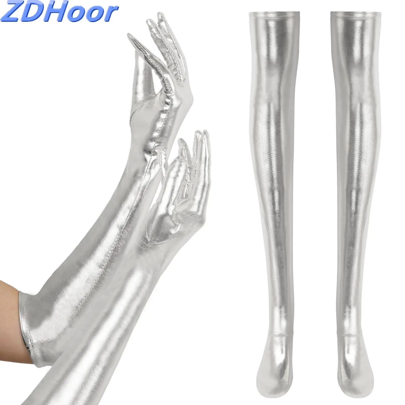 Adult Patent Leather Knee Socks Shiny Wet Look Thigh High Stockings Full Finger Long Gloves Over Womens Cosplay Costume Set