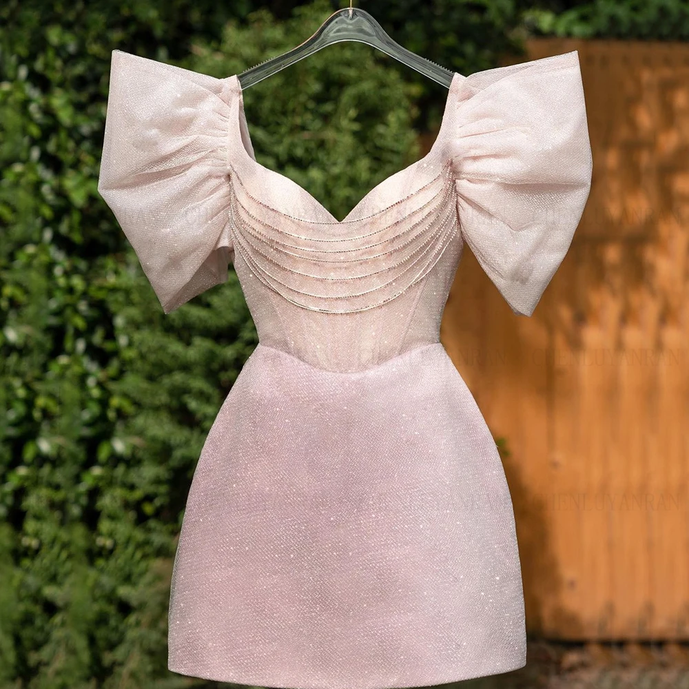 Różowe brokatowe sukienki koktajlowe V-Neck Puff Sleeves Mini Party Dresses Crystal A-Line Sexy Prom Gowns robes de soirée GDS 980050