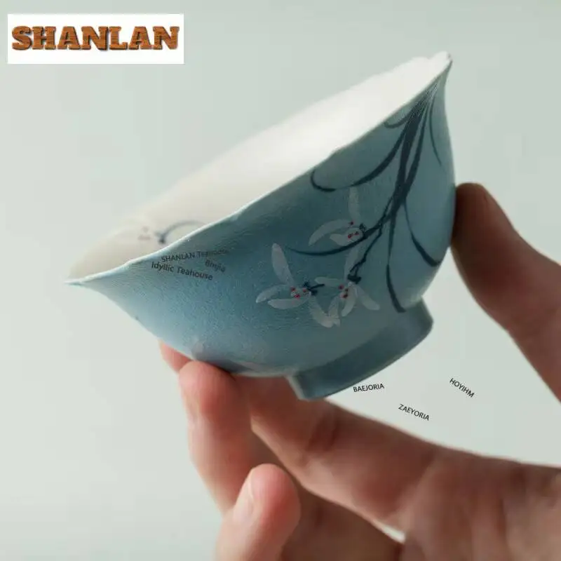 90ml Light Lake Blue Hand-painted Orchid Teacup Aesthetic Tea Bowl Cup For Tea Tea-tasting Smelling Cup Chazhan Master Cups Cha