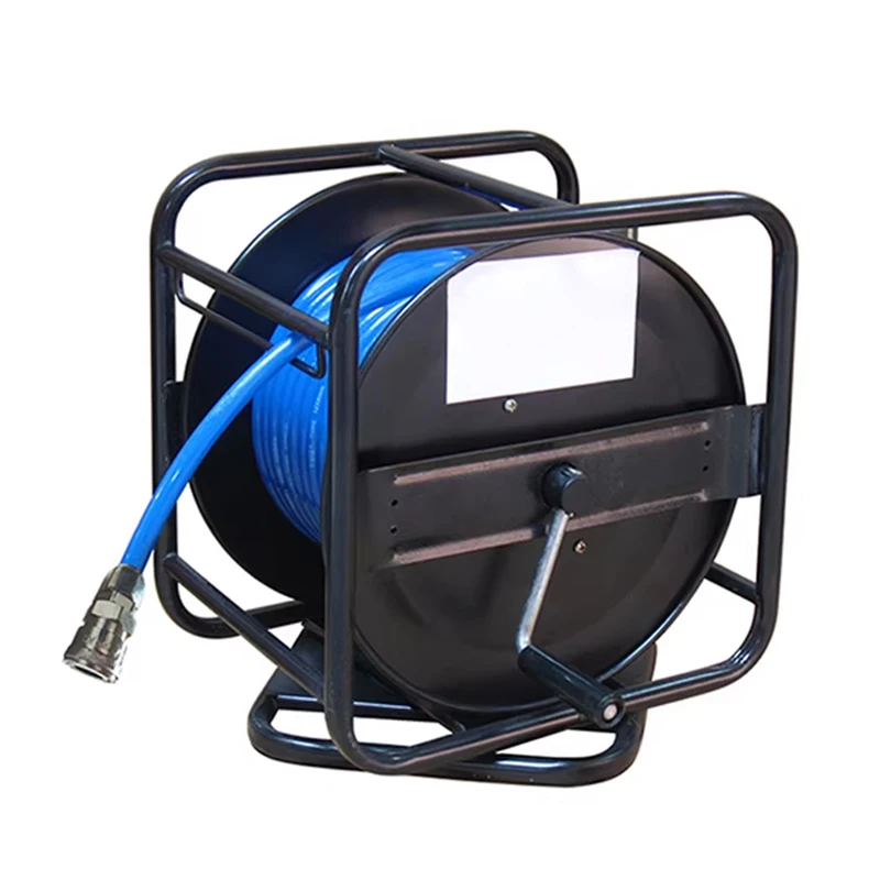 Heavy-duty hand-cranked metal hose reel with 31M/61M hose and nozzle, wall-mounted/floor-mounted hose reel