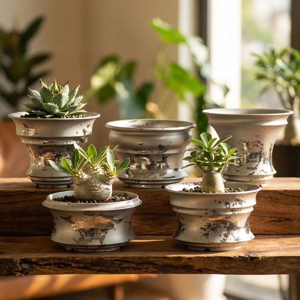 W6.89Inch Medium Large Splash Silver Handmade Ceramic Pot For Caudex Plants Agave Cactus Desert Succulent Planter