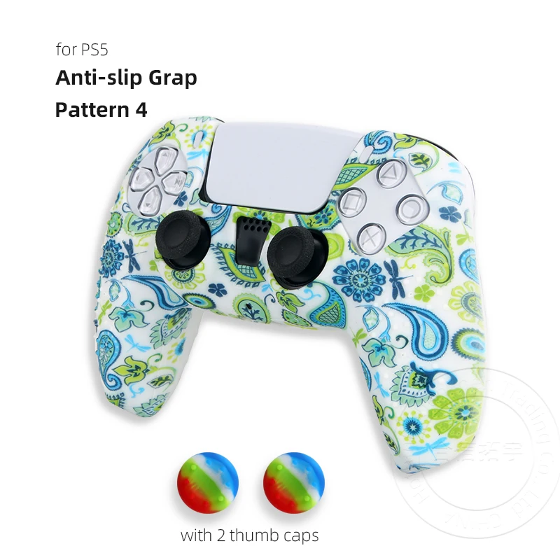 HOTHINK 1set Water Transfer Printing Silicone Protective Case Cover Skin for PS5 Controller with 2pcs Thumb Caps
