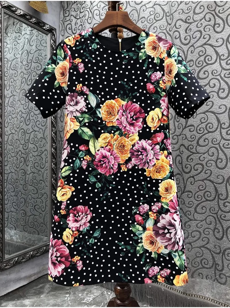 

Newest Fashion Summer Dress 2023 High Quality Clothes Women O-Neck Polka Dot Prints Flower Patterns Short Sleeve Black Dress