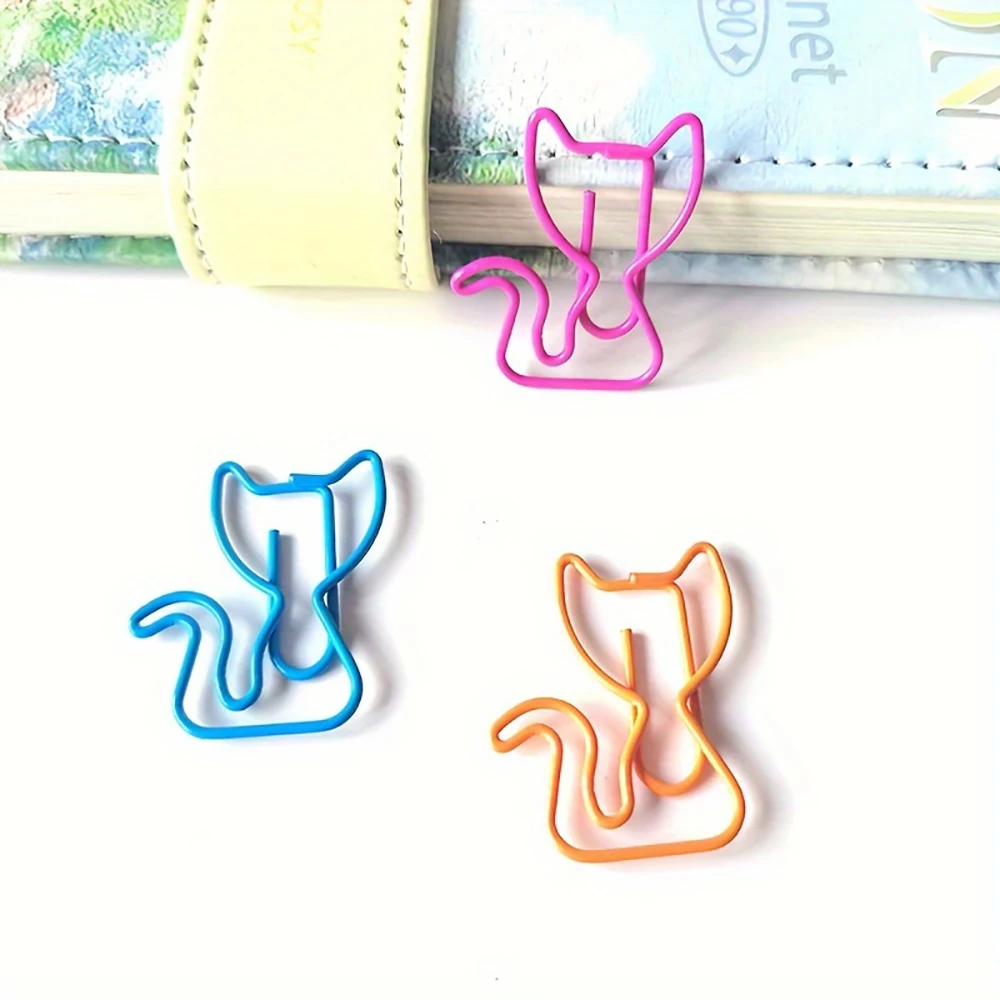 50Pcs 7 Colors Mixed Cat Shaped Paper Clips - Durable Metal Office Supplies