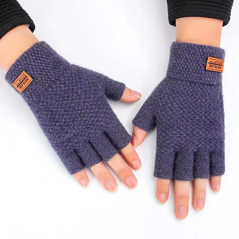 Winter Fingerless Gloves for Men Half Finger Elastic Mittens Knitting Wool Warm Leather Label Thick Elastic Driving Gloves