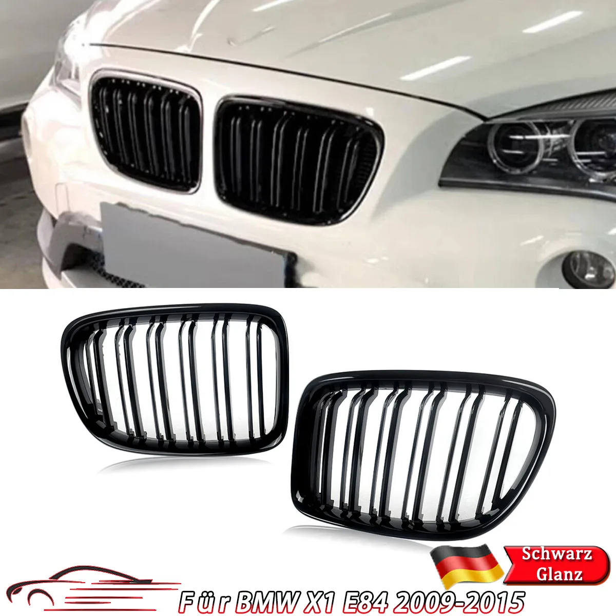 Image of Glänzend Schwarz für BMW E84 X1 2009-2015 Vor-Facelift Doppellamellen 1 Paar Frontnieren-Kühlergrill Racing-Grills Exterieurteile ABS