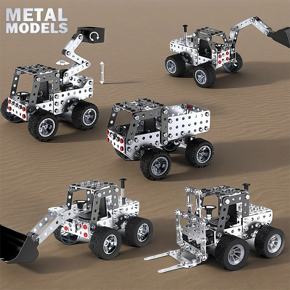 3D Metal Assembly Engineering Vehicle Toy Creative Model Simulation Forklift Dump Truck Screw Nut Building Block Gift for Boys